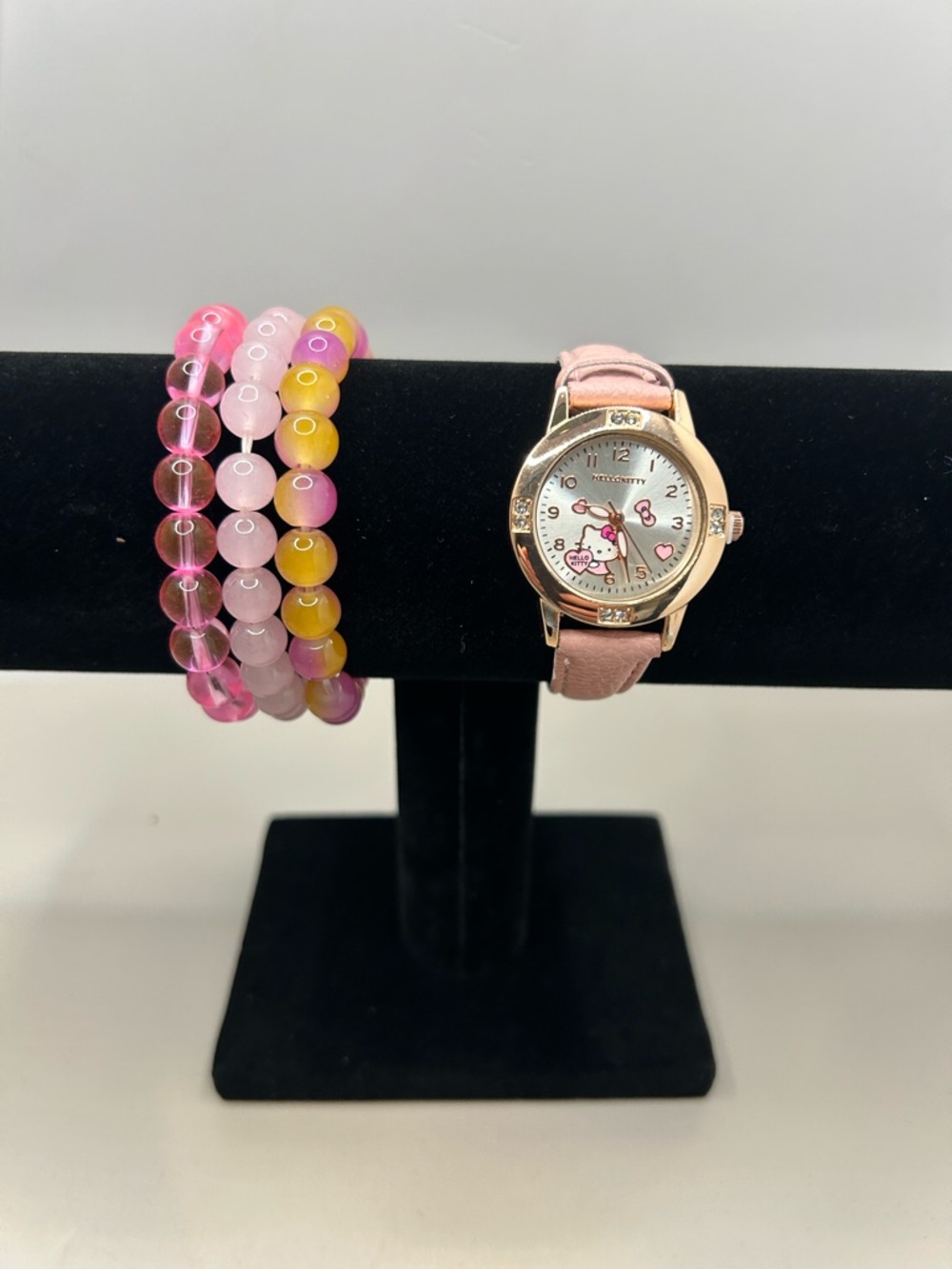 Hello Kitty Pink style Strap Watch with Pink & Yellow Bead Bracelets